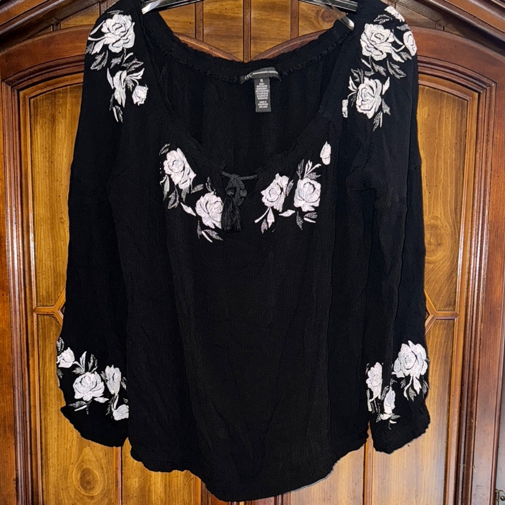 I•N•C International Concepts Black Floral Embroidered Women's Top